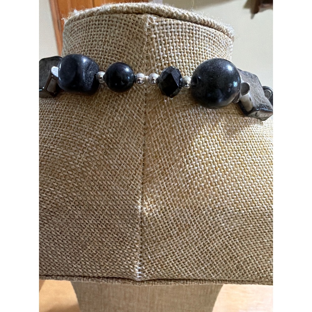 Long Geometric Beaded Necklace Black Grey Square Round Beads Long Layering - Picture 3 of 5